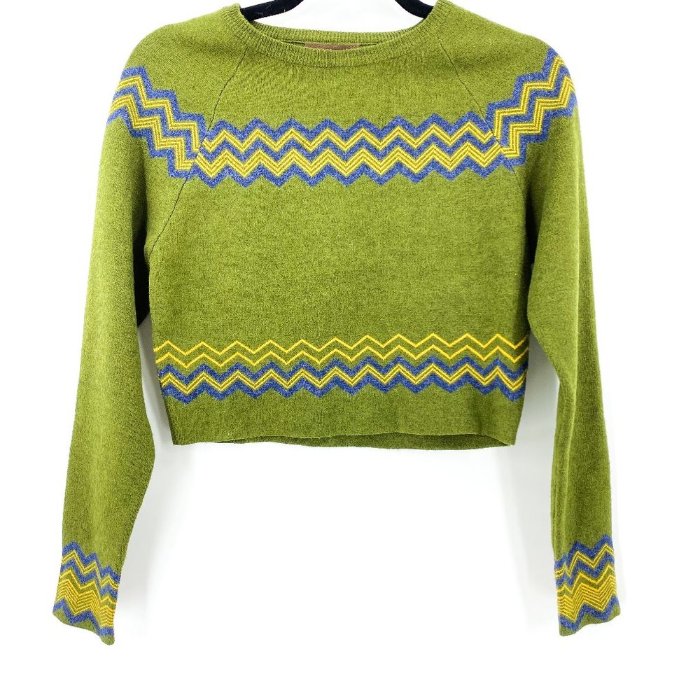 Kerisma Green Chevron Trim Cropped Sweater with Blue and Yellow Accents